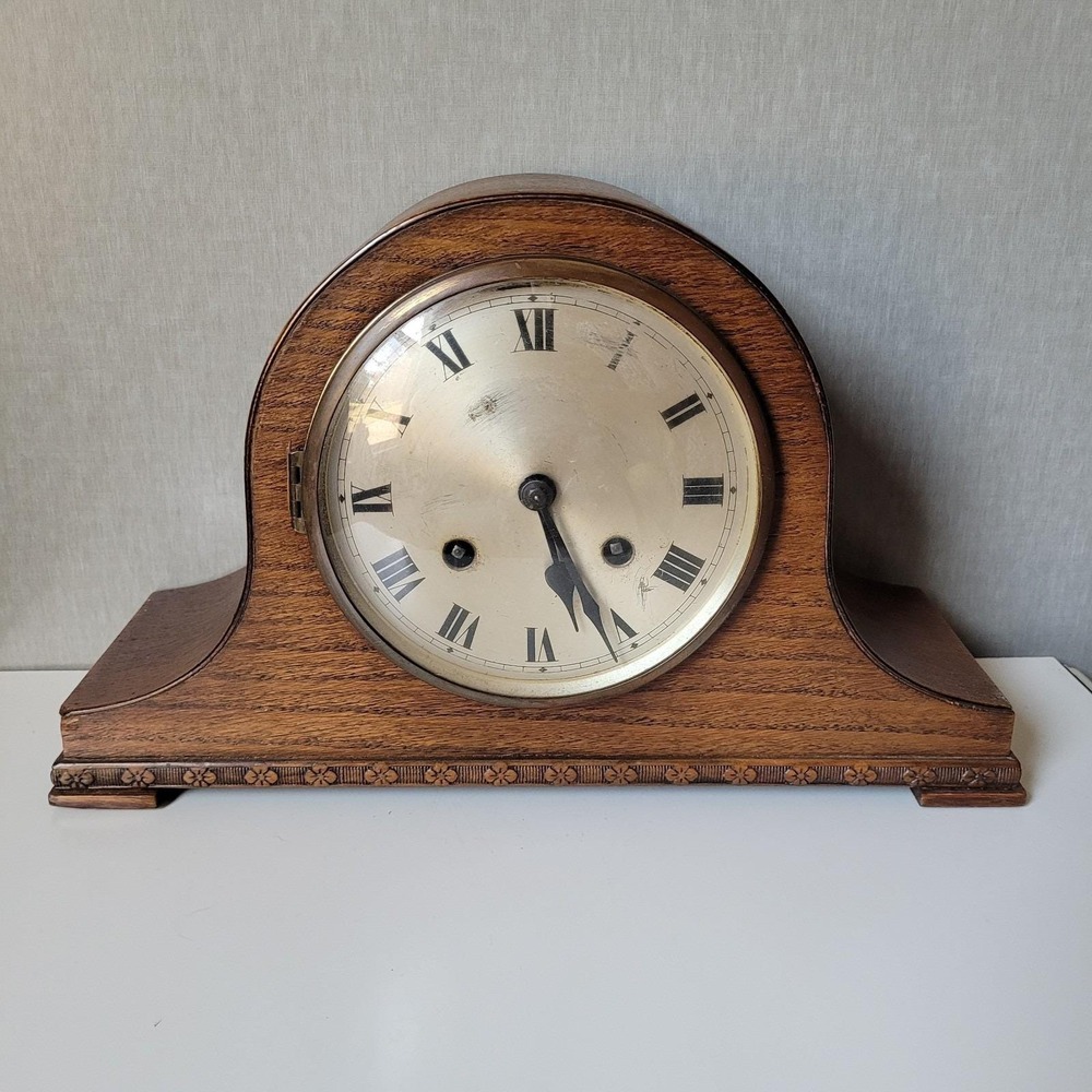 VTG German Wood Tambour Mantel Clock Key Wind Napoleon Hat Parts Service